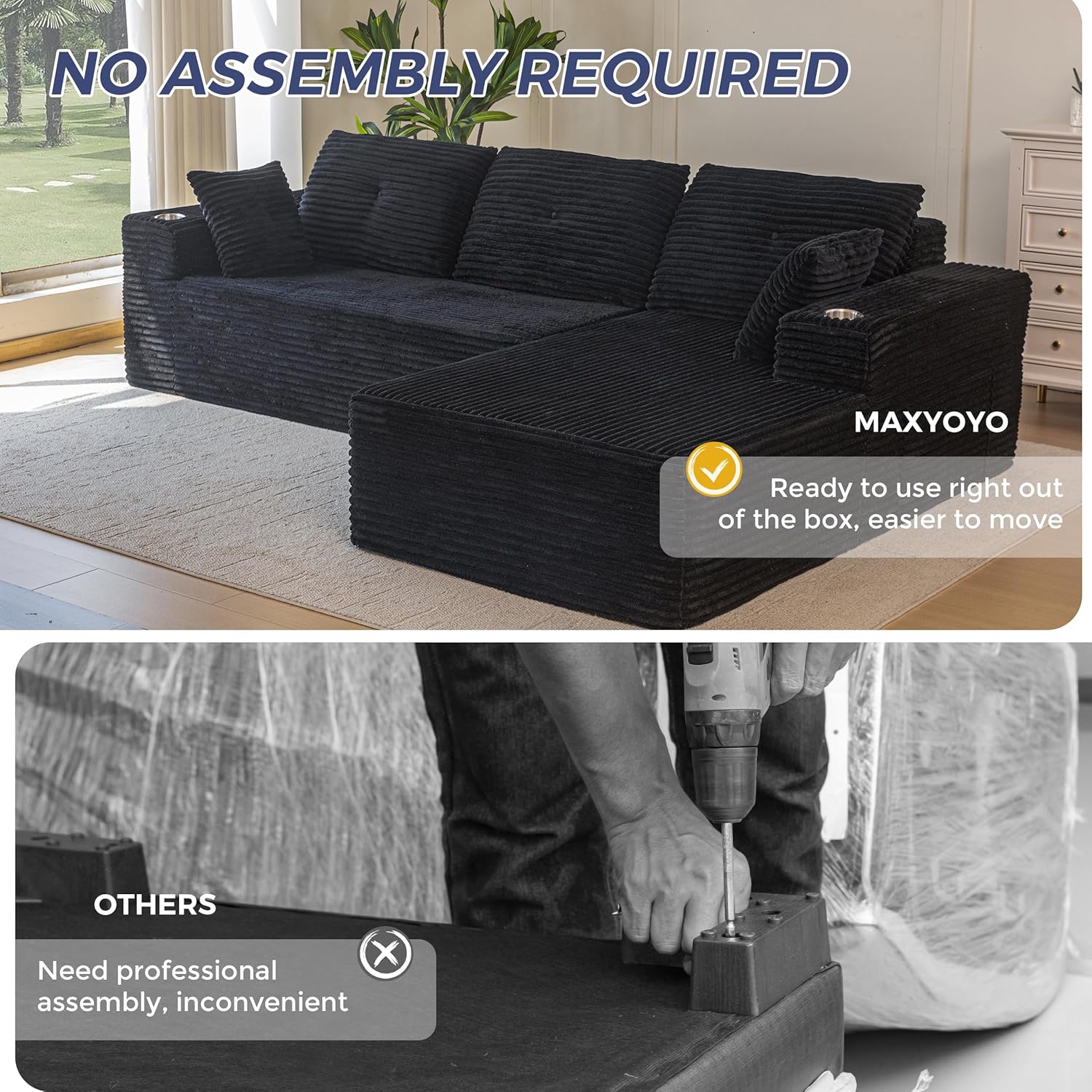 MAXYOYO 104" Modular Sectional Couch with L-Shape Chaise, Modern Boneless Couch for Living Room, Sofa in A Box, Oversized Sofa Sleeper with Deep Seat, No Assembly Required, Black