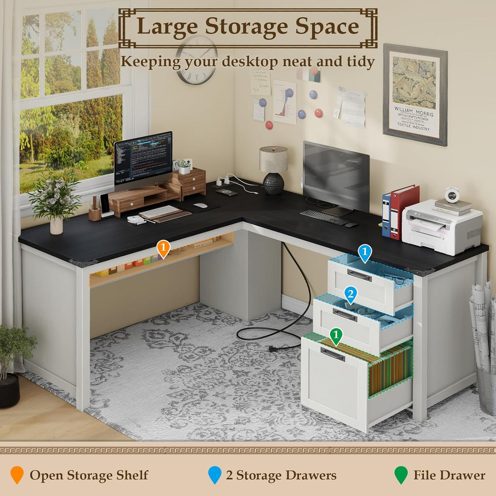 Farmhouse L Shaped Executive Desk with Drawers and Storage Shelf, Corner Standing Desk with Charging Station L-Shaped Executive Desks for for Home Office, Study, Bedroom
