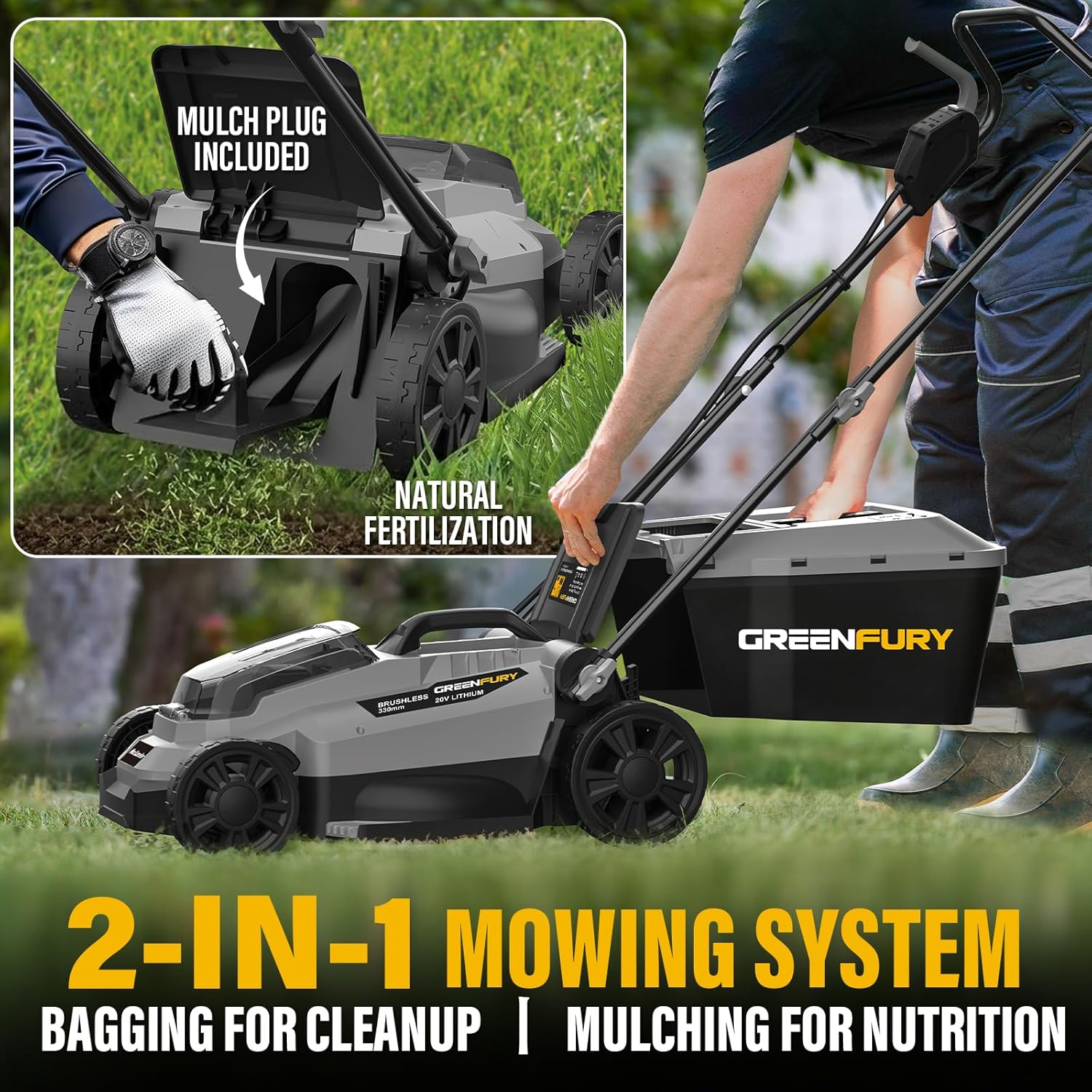 13 Inch Cordless Lawn Mower, Compatible with Dewalt 20V MAX Battery, Brushless Electric Mower with 8 Gallon Grass Bag, 5-Level Height Adjustment, for Small Yard/Garden (Battery Not Included)