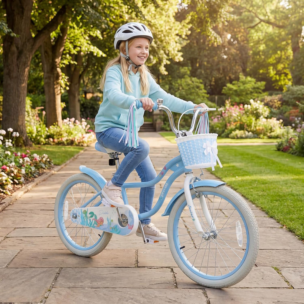 COSTWAY Mermaid Kids Bike, 12/14/16/18/20 Inch Toddler Bike w/Removable Training Wheels, Streamers, Doll Storage Basket, Handbrake & Coaster Brake, Children Kids Bicycle for 3+ Years Old Boys & Girls