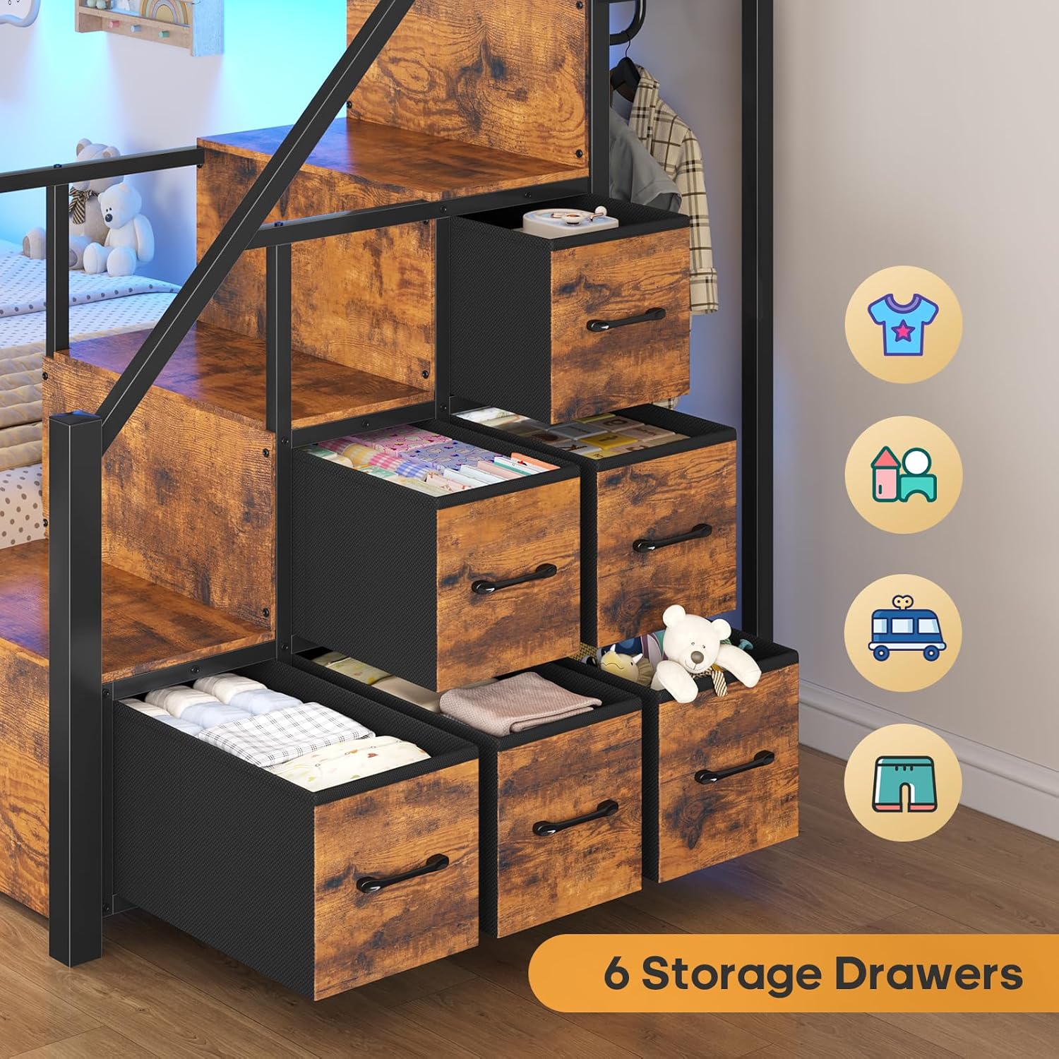 BTHFST Bunk Bed Twin Over Twin with Stairs, LED Lights Twin Bunk Bed with 2 Storage Drawers & 6 Fabric Drawers, Metal Twin Loft Beds with Guardrail & Stairs, Space Saving, Sturdy Frame