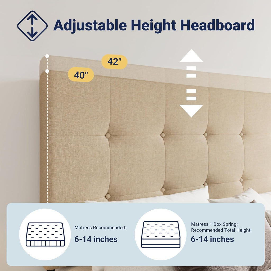 Allewie Upholstered King Size Platform Bed Frame with 4 Storage Drawers and Headboard, Square Stitched Button Tufted, Mattress Foundation with Wooden Slats Support, No Box Spring Needed, Beige