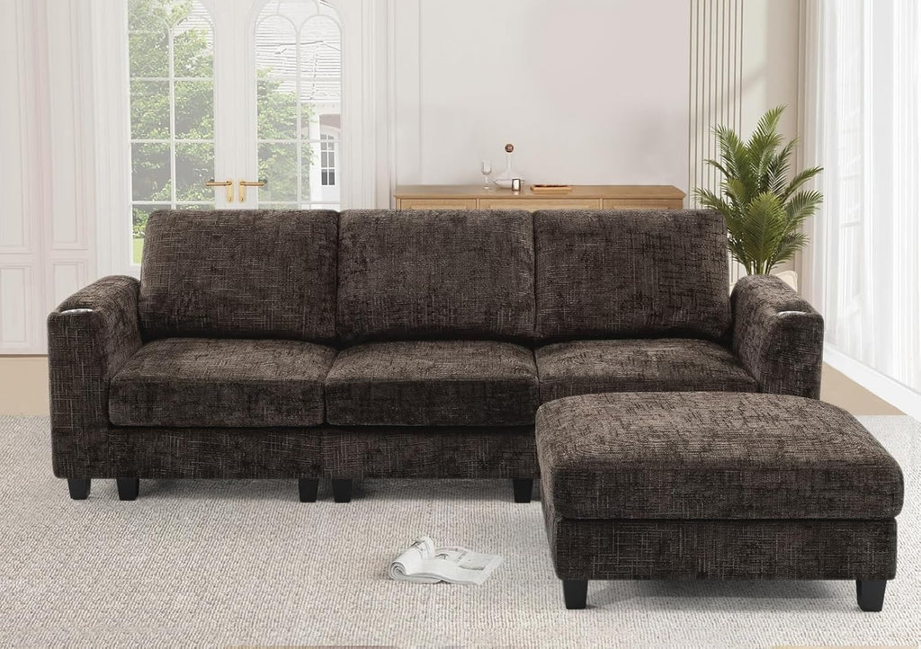 87" Chenille 3 Seater Couch with Soft Ottoman, L-Shape Sectional Sofa with Durable Cup Holders, Upholstered Sofa with Comfy Backrests for Living Room, House, Brown