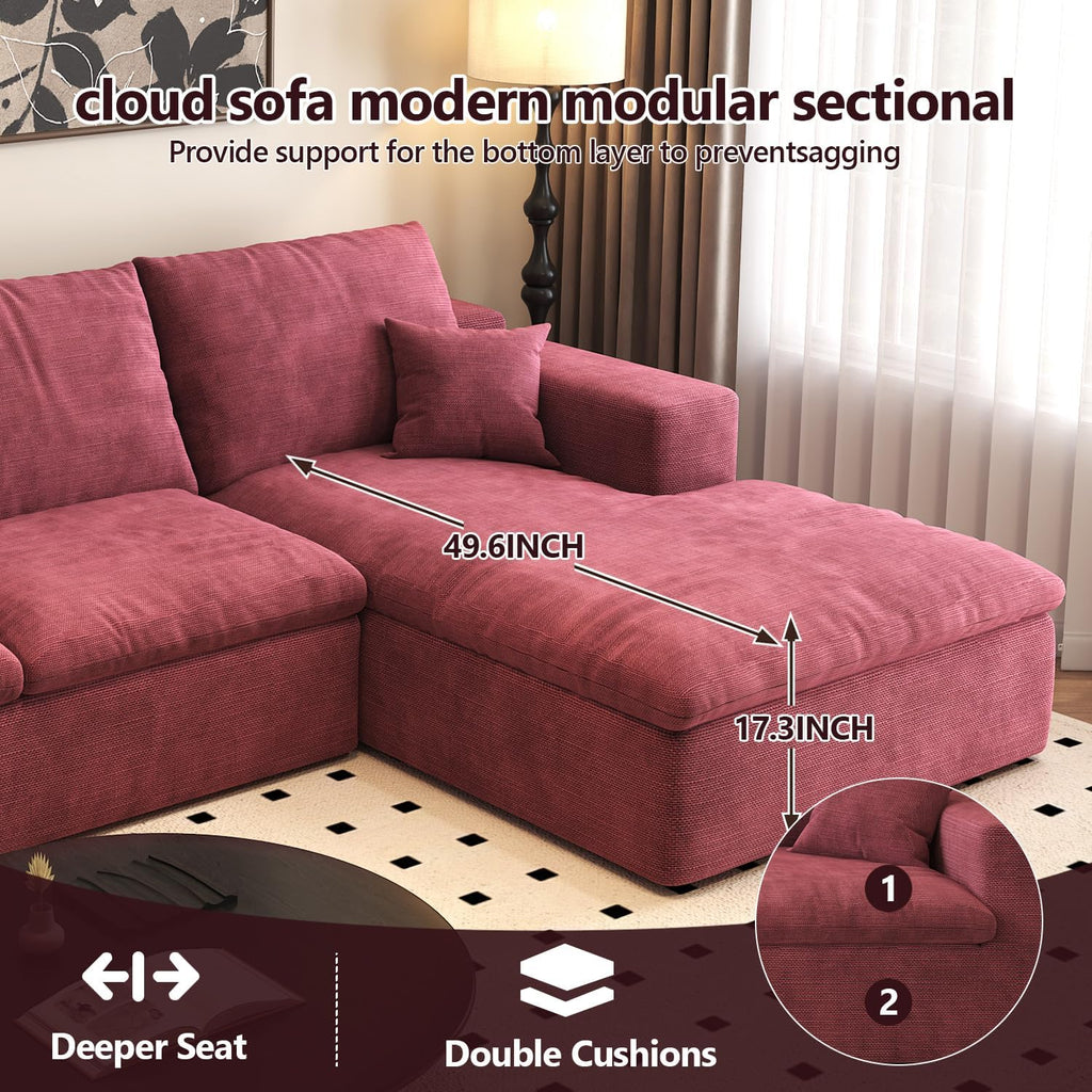 107'' U-Shaped Modern Modular Sectional Cloud Couch Whit Ottoman, 4-Seat Chenille Deep-Seat Sofa with Pillow for Living Room, Bedroom, Apartment, Wine Red