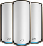 NETGEAR Orbi 970 Series Quad-Band WiFi 7 Mesh Network System (RBE973S)  Router + 2 Satellite Extenders  Security Features  Up to 27Gbps  Covers Up to 10 000 sq. ft.  200 Devices  10 Gig Internet Port