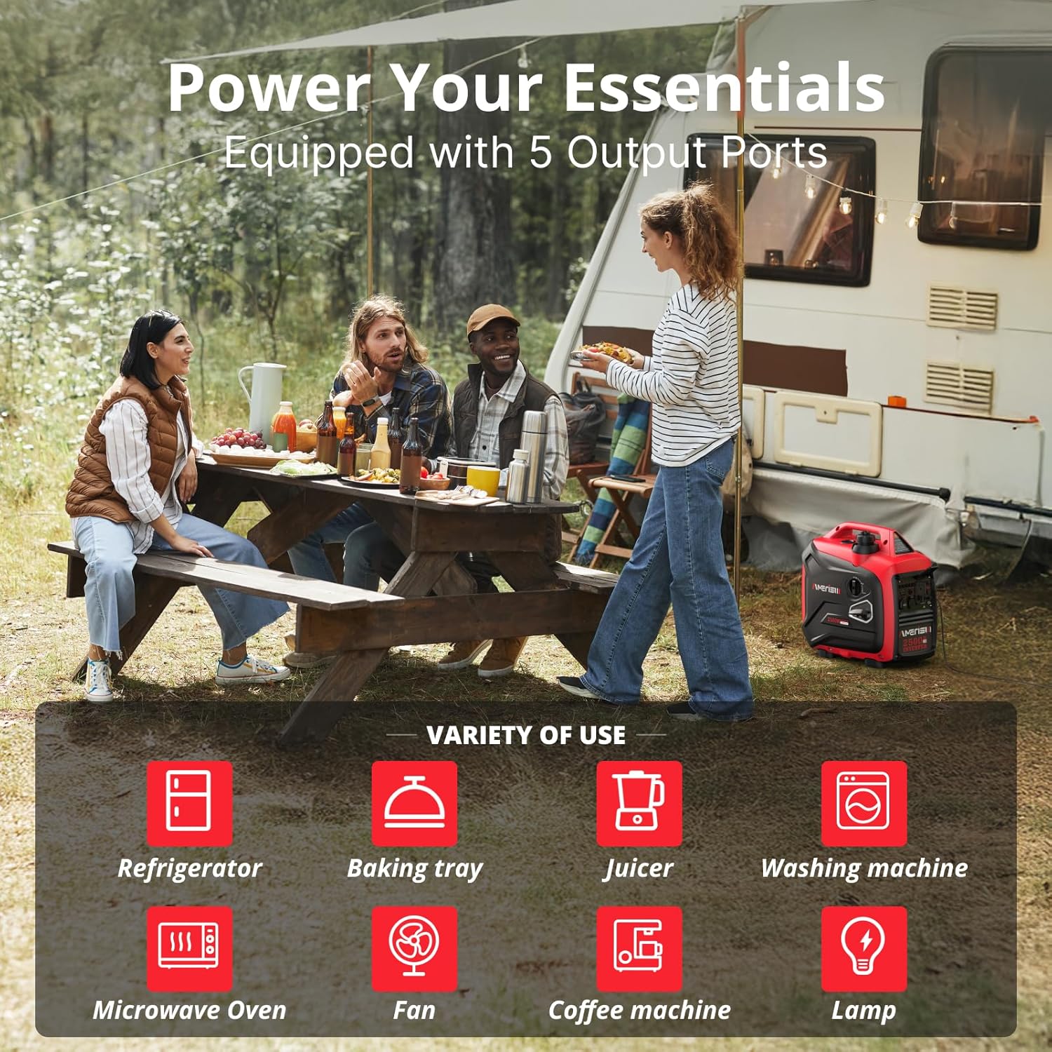 2500-Watt Inverter Generator  Super Quiet & Lightweight Gas Powered Generator  CO Sensor  RV Ready Parallel Capable  Long Run Time for Camping  Tailgating and Home Use
