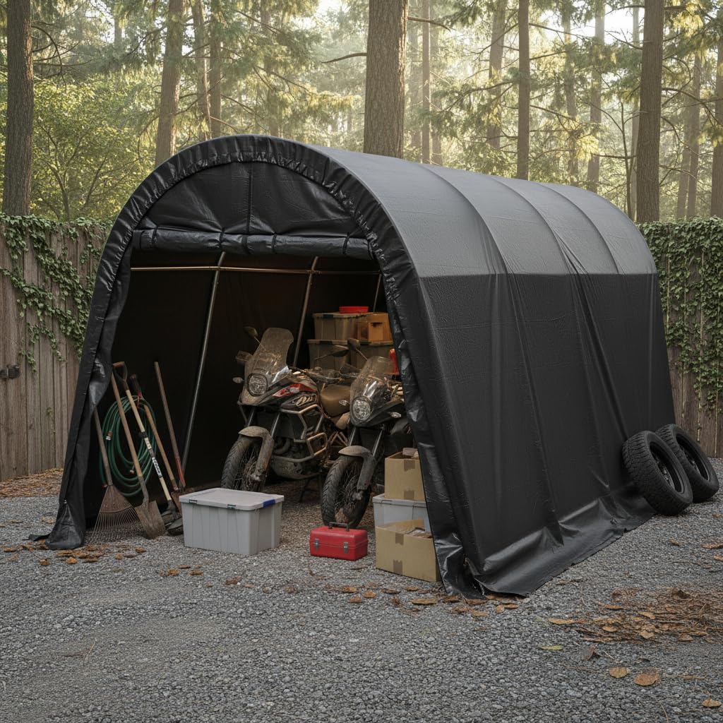 10x15 FT Heavy Duty Carport, Portable Garage with Reinforced All-Steel Frame and Round Style Roof, Anti-Snow All Covered Car Canopy Outdoor Waterproof Storage Shelter for Car,Truck,Boat
