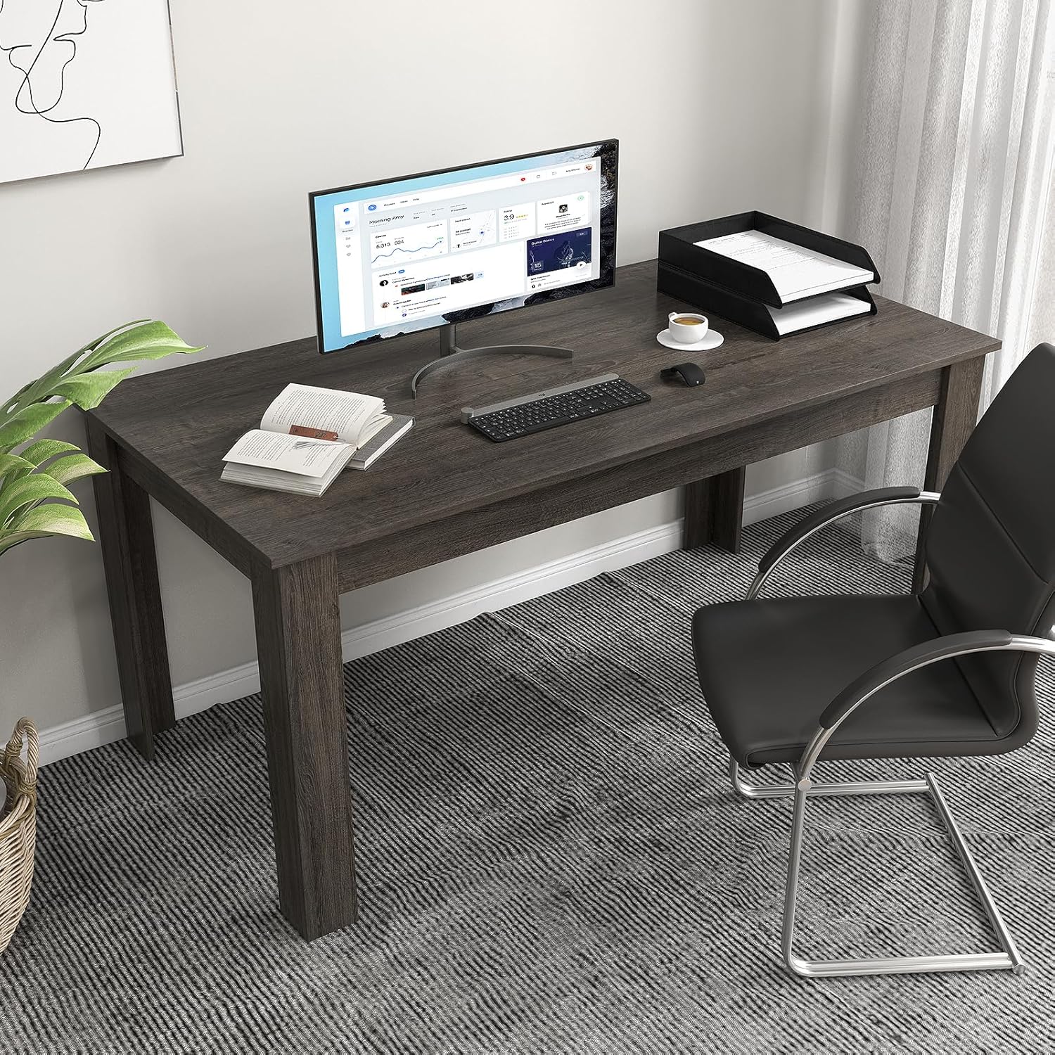 COSTWAY 63' Rectangular Dining Table for 4-6 People, Modern Farmhouse Dinette Table with Large Computer Workstation, Grey