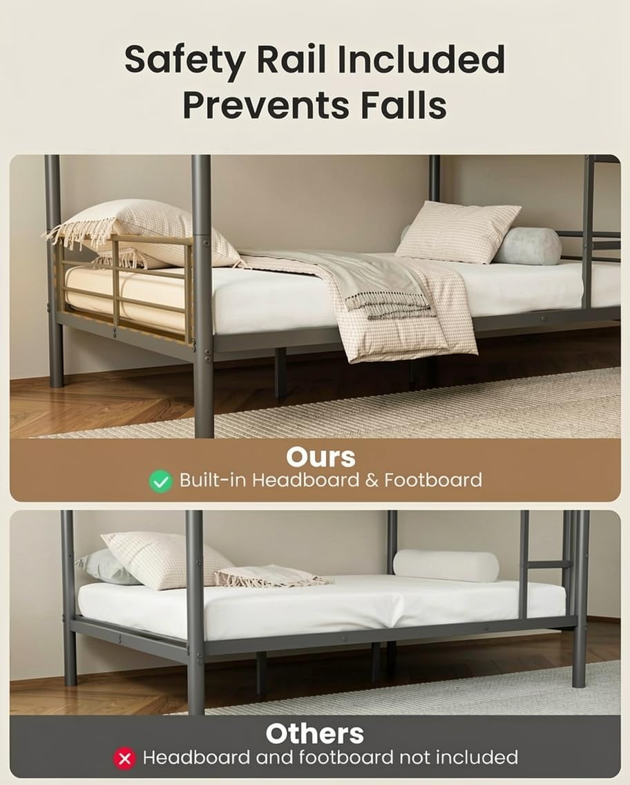 Full Over Full Bunk Bed, Convertible into 2 Full Beds, Heavy-Duty Metal Bed Frame with Safety Full-Length Guardrails & EVA Padded Ladder for Adults, Teens, Kids, No Box Spring Needed, Black