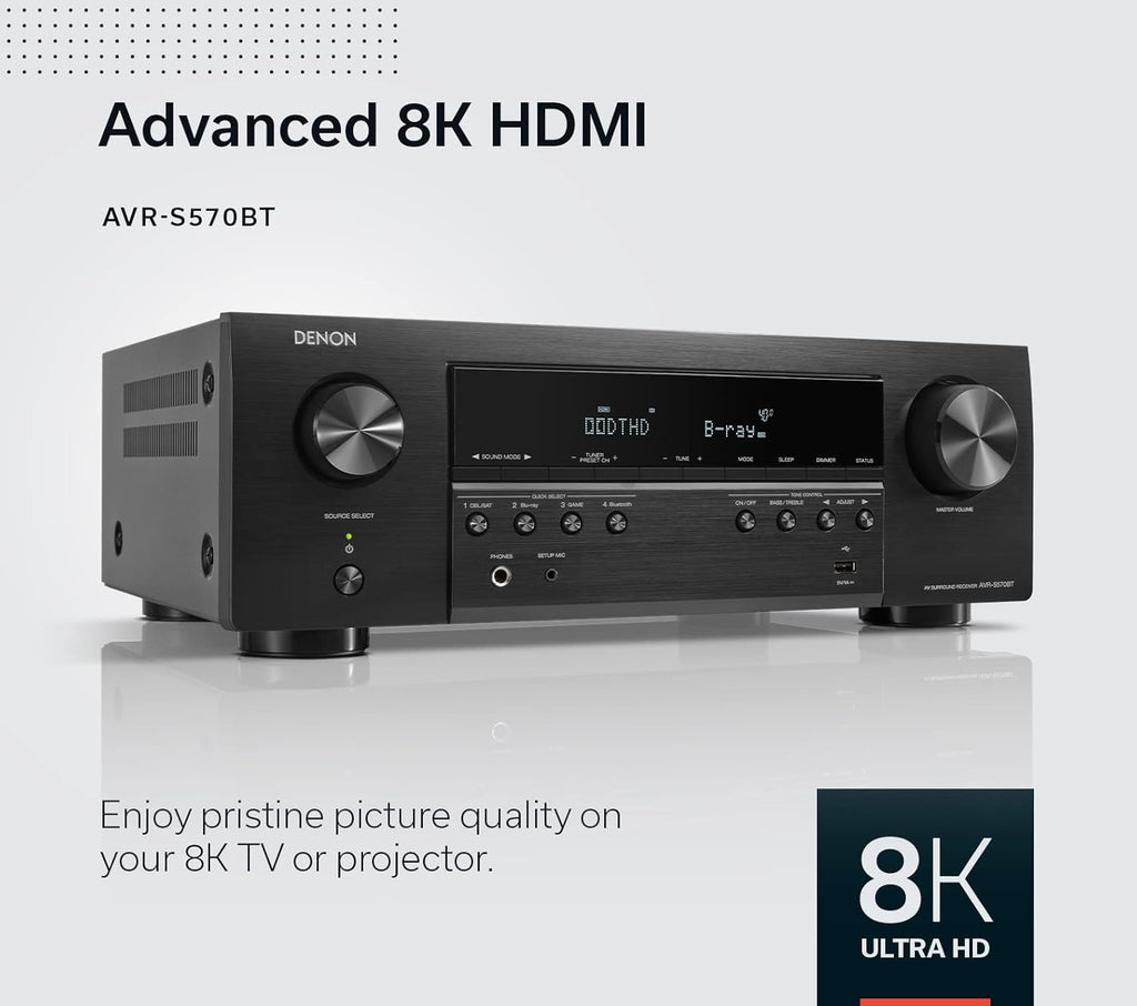 Denon AVR-S570BT AV Receiver 5.2 Channel 8K Ultra HD Audio & Video  Stereo Receivers  Denon AVR Wireless Streaming Bluetooth  (4) 8K HDMI Inputs  eARC  HD Setup Assistant