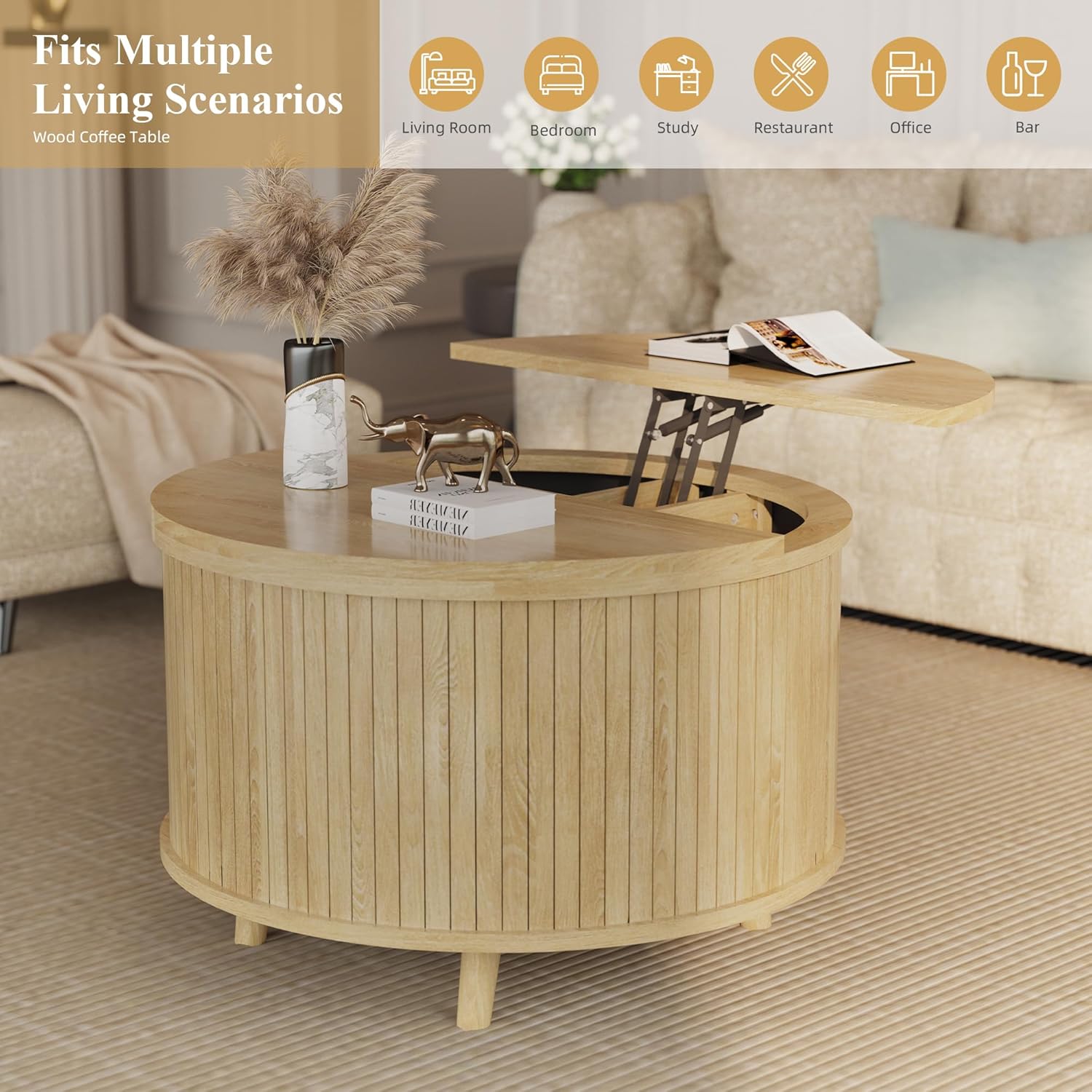 Easyego Lift Top Coffee Table for Small Spaces, 31.5" Mid-Century Modern Wooden Round Table with Storage, Circle Fluted Center Table for Living Room, Work from Home & Apartment, Natural