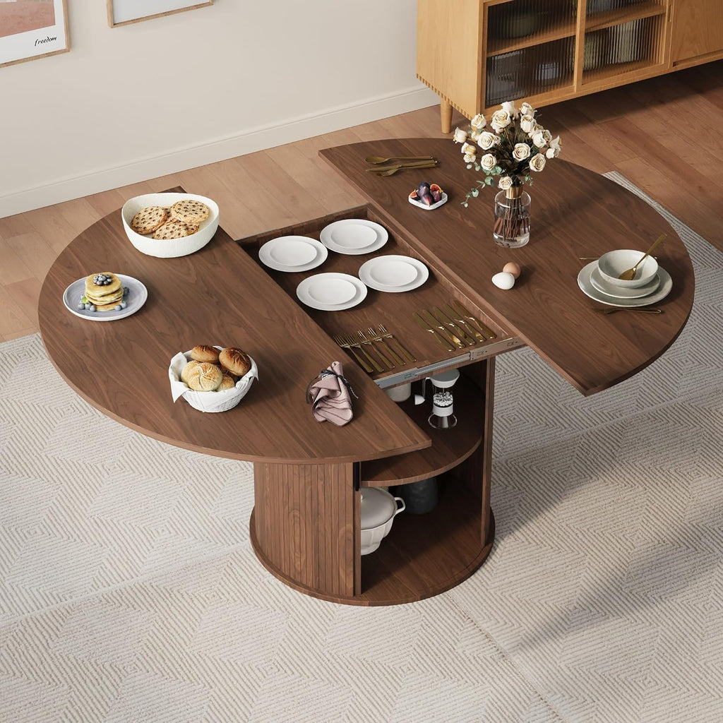 Dining Table for 4-6,59“Extendable Round Dining Room Kitchen Table with Storage,Round Table for Living Room,Fluted Wood Table with Slide Door,Expandable Oval Dinner Furniture with Pedestal Base,Walnut