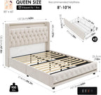 HIFIT Queen LED Bed Frame with Charging Station and 2 Storage Drawers, Velvet Upholstered Platform Bed with Handcrafted Crystal Button Wingback Headboard, Metal Frame with No Box Spring Needed, Beige