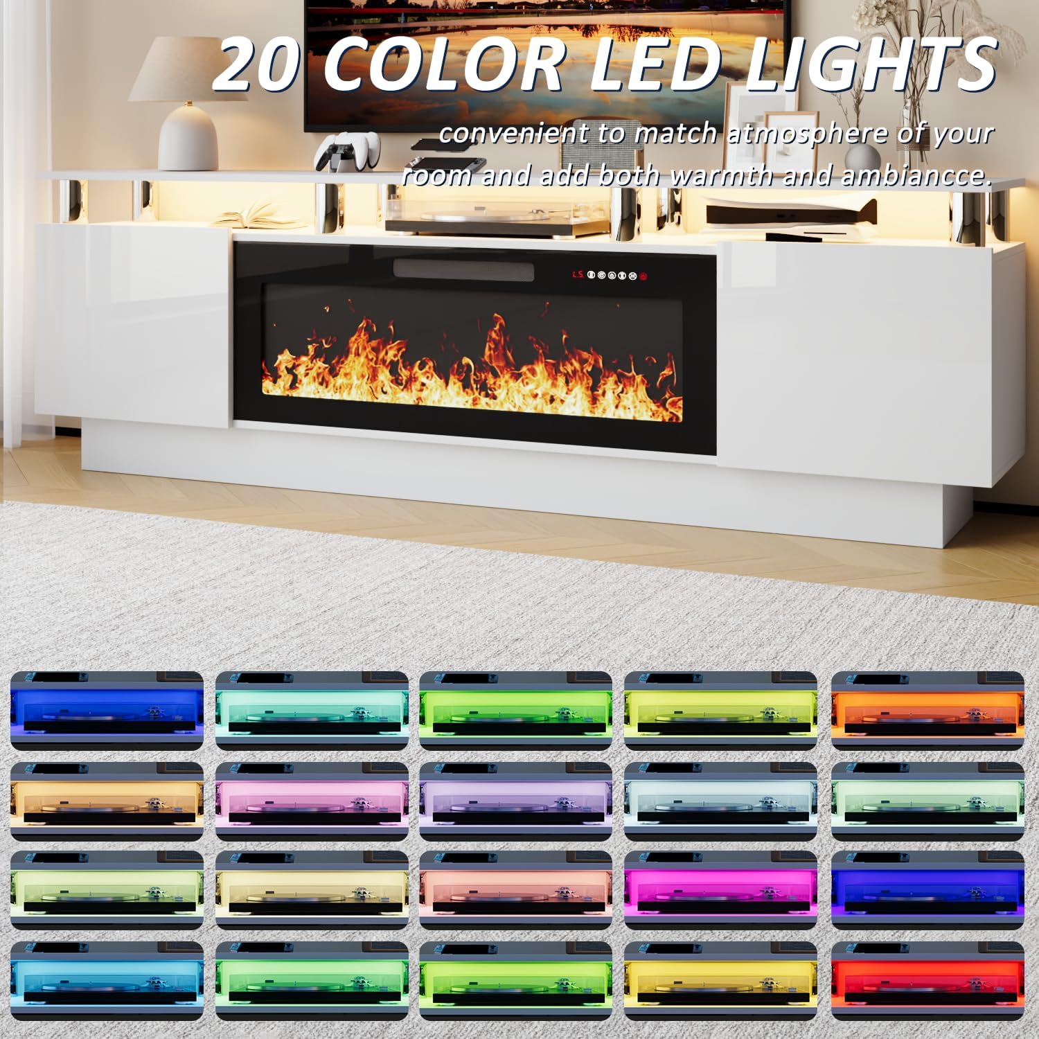 LEMBERI 70 Inches Fireplace TV Stand for TVs up to 80 Inches with 36'' Electric Fireplace & Remote, Modern Entertainment Center with Luxury LED Light,Woodeen TV Console for Living Room