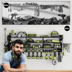 12 Cordless Drill Holder Large Power Tool Organizer Wall Mount with Side Pegboard & Screwdriver Holder, 4-Tier Heavy Duty Metal Tool Storage Rack with 4-Outlet Power Strip