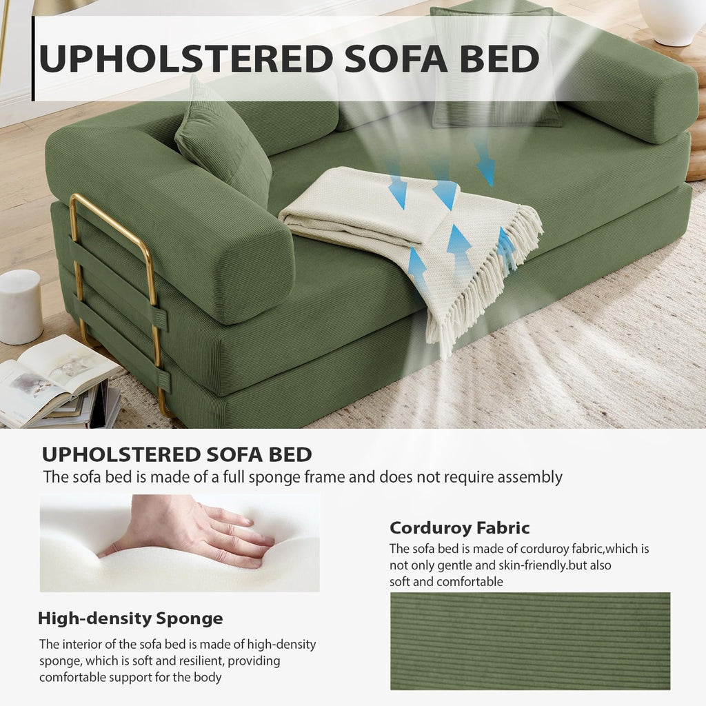 Convertible Folding Sofa Bed, Modern Futon Sleeper Sofa Fold Out Couch Bed with Gold Fixed Frame, Modular Floor Sofas Comfy Corduroy Boneless Couches for Living Room (78" Green)