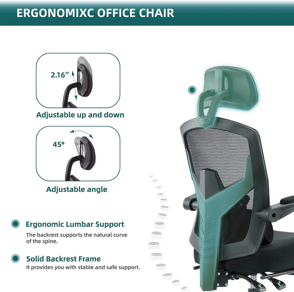 DUMOS Home Office Desk Chair with Footrest, High-Back Mesh Rolling Swivel Reclining Chairs with Wheels, Comfortable Headrest, Lumbar Support, Comfy Arms for Home, Office, Gaming, Student, Inky