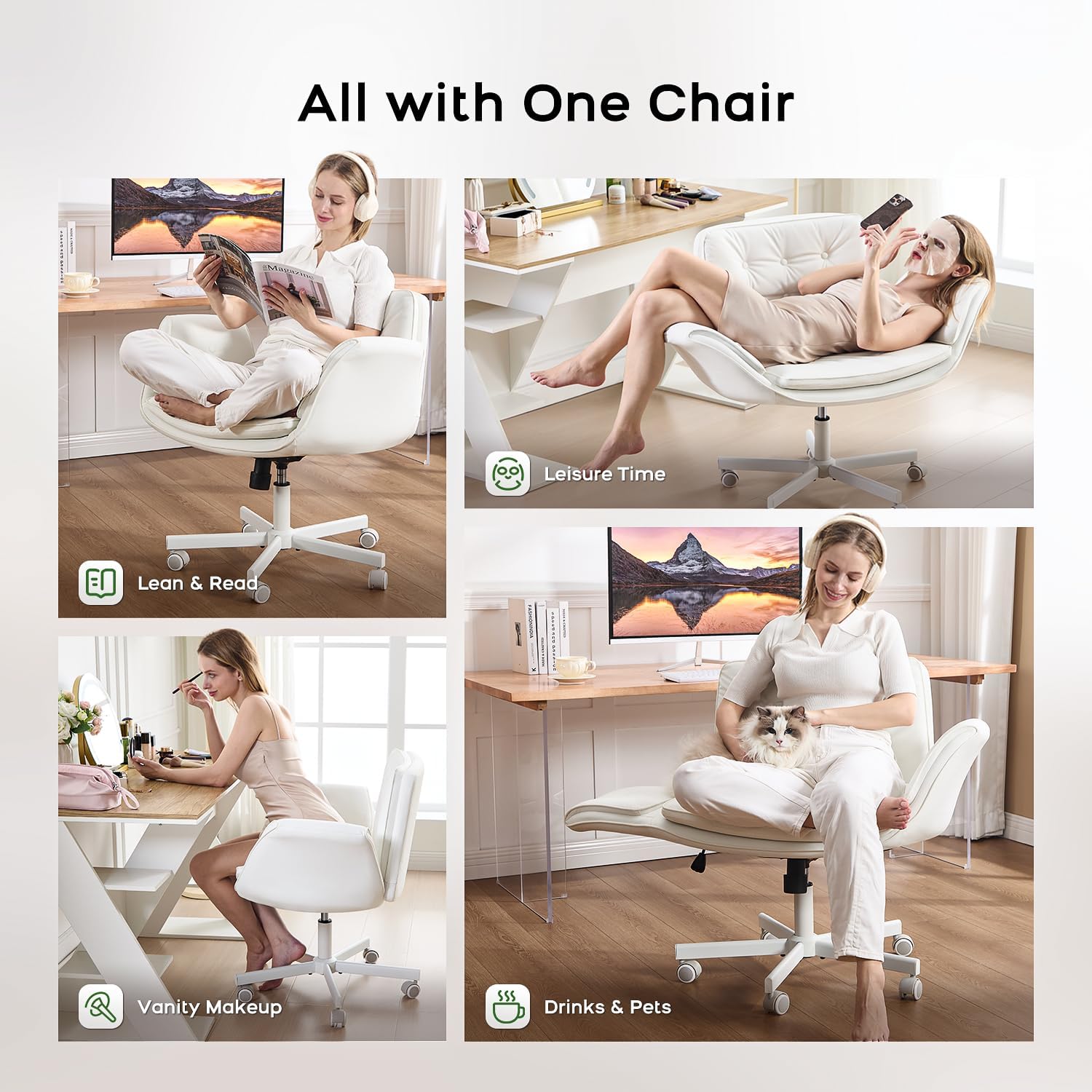 amseatec Criss Cross Chair with Armrests & Wheels, PU Leather Vanity Chair, Comfortable Adjustable Swivel Computer Office Desk Chairs for Home, Make Up, Bed Room (White)