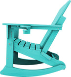 KINGYES Adirondack Rocking Chair with Retractable Ottoman and Cup Holders, HDPE Adirondack Rocker Patio Rocking Chair for Porch, Patio, Balcony, Aqua Blue