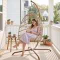 NICESOUL Cozy Hanging Egg Chair with Stand Indoor Outdoor, Wicker Patio Basket Swing Chair with Cushion and Golden Legs, 350lbs Durable Sturdy Egg Hammock Chairs for Deck Balcony Backyard Porch, Cream
