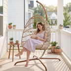 NICESOUL Cozy Hanging Egg Chair with Stand Indoor Outdoor, Wicker Patio Basket Swing Chair with Cushion and Golden Legs, 350lbs Durable Sturdy Egg Hammock Chairs for Deck Balcony Backyard Porch, Cream