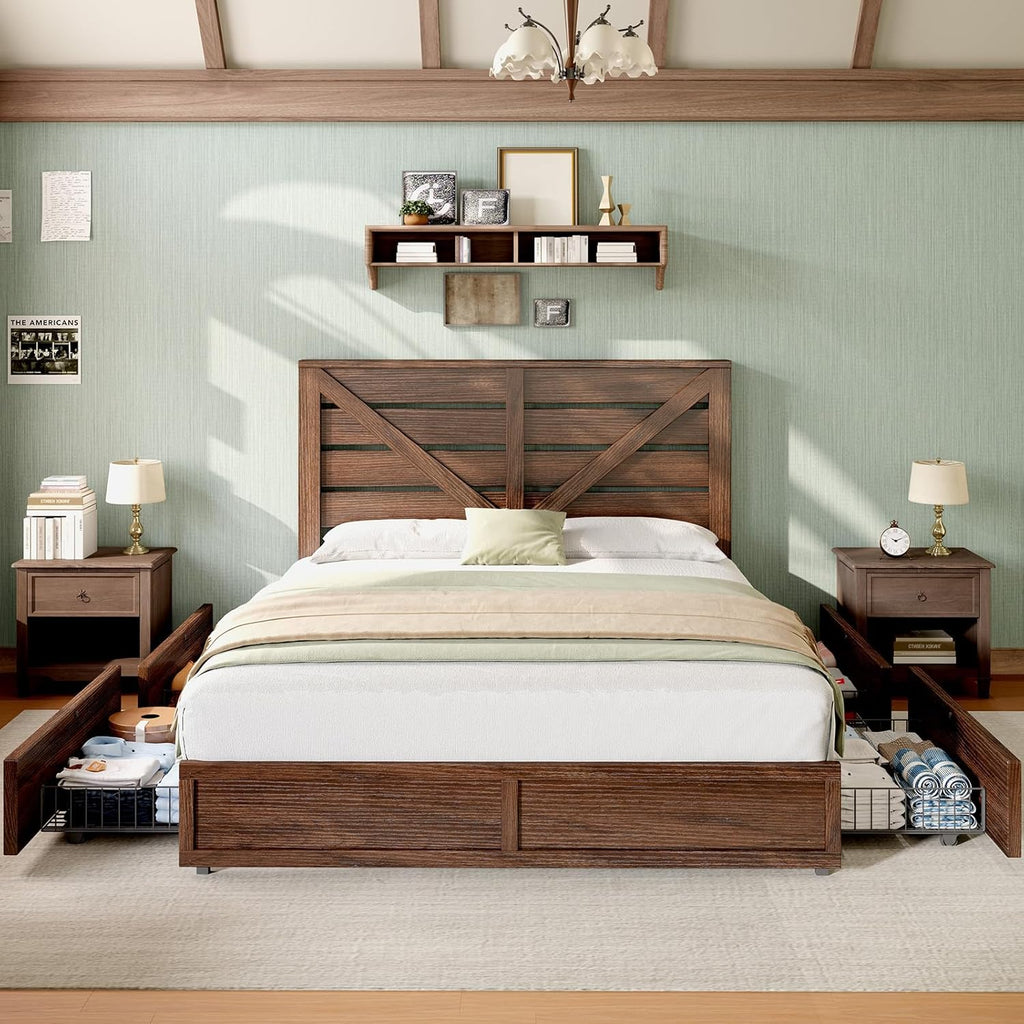 AMERLIFE Queen Size Farmhouse Bed Frame with 4 Drawers, Wooden Storage Bed Frame with Headboard and Heavy Duty Metal Slats, Noisy Free, Easy Assemble, Rusric Brown