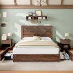AMERLIFE Queen Size Farmhouse Bed Frame with 4 Drawers, Wooden Storage Bed Frame with Headboard and Heavy Duty Metal Slats, Noisy Free, Easy Assemble, Rusric Brown