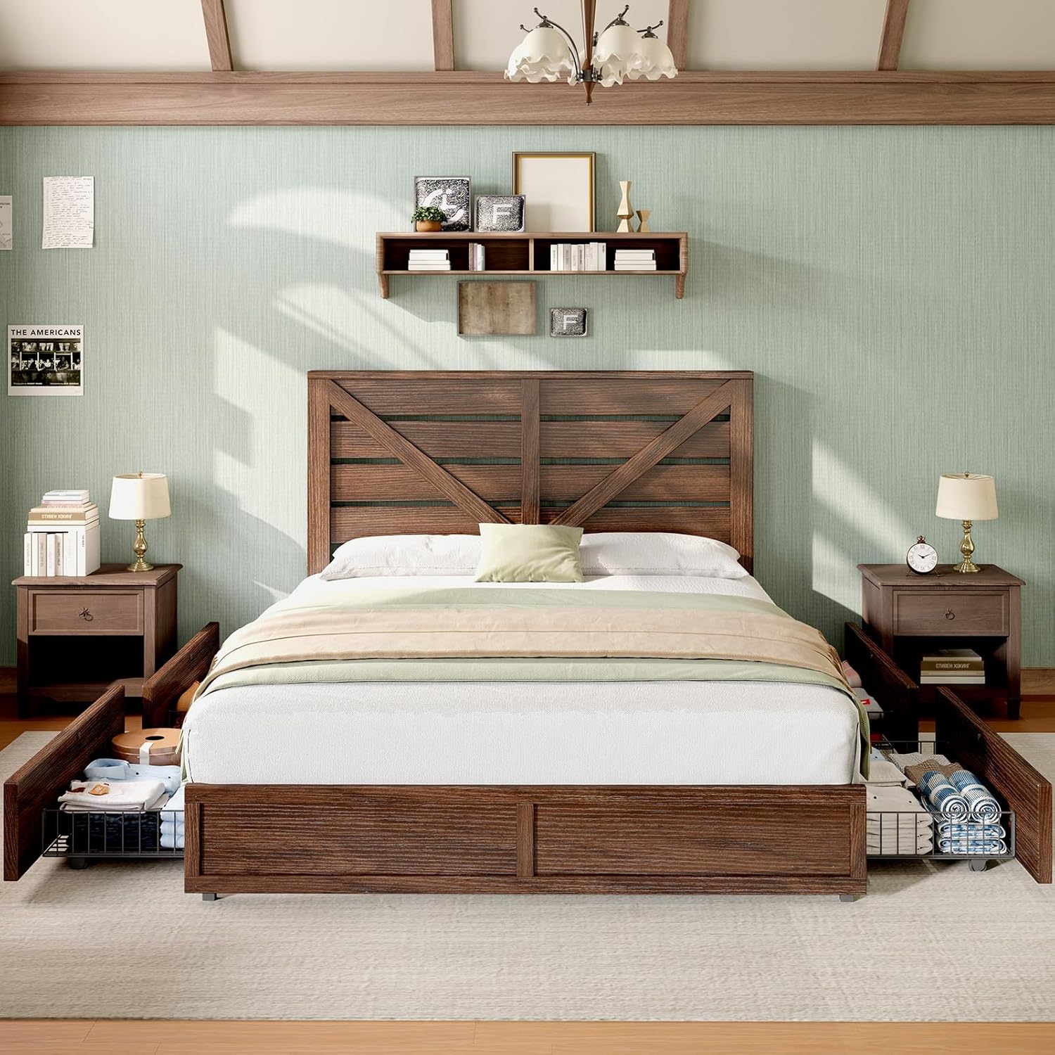 AMERLIFE Queen Size Farmhouse Bed Frame with 4 Drawers, Wooden Storage Bed Frame with Headboard and Heavy Duty Metal Slats, Noisy Free, Easy Assemble, Rusric Brown