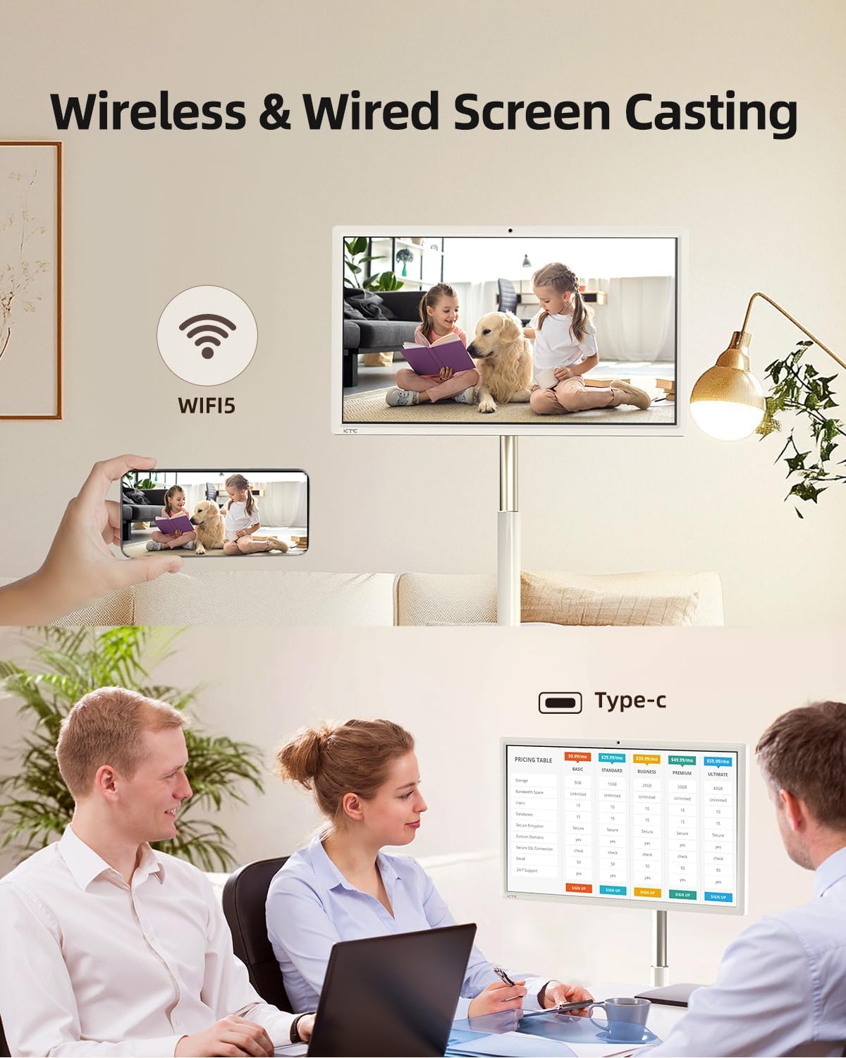KTC MegPad 27 Inch Portable Screen TV - 1080P Touch Screen Monitor on Wheels with 8MP Camera  Compatible with Google TV  Android 14  QC 8G RAM+128G Storage  9500mAh Battery  Remote Control