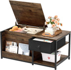 SINPAID Coffee Table with Storage, Rectangular Coffee Tables for Living Room, Farmhouse Coffee Table with Hidden Storage Compartment and Adjustable Shelves, Walnut