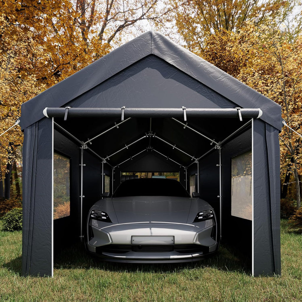 EROMMY Carport, 10x20 Ft Heavy Duty Carport with Roll-up Windows，Portable Garage with Removable Sidewalls, Car Canopy with All-Season Tarp and Sandbags for Truck, Tractor, Boat, Grey