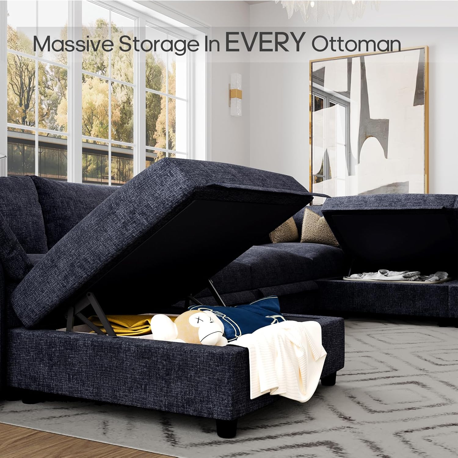 159" Oversized Cloud Couch Sectional with Storage, Extra Wide Deep Modular Sectional Sofa for Living Room with Adjustable Arms, High Back, U Shaped, 6 Seater, Dark Grey Chenille | Extra Large Seat, Thick Plush Cushion, FSC Certified Fabric