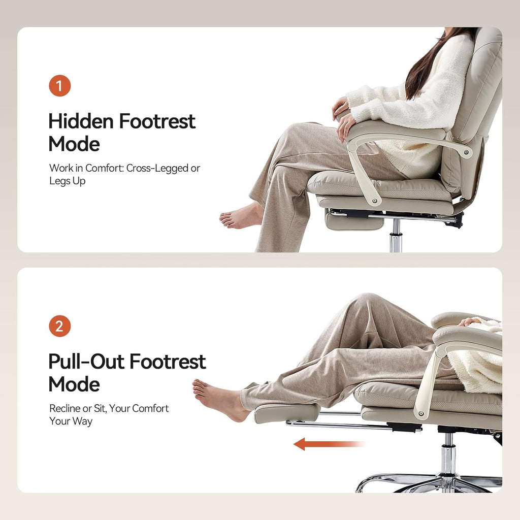 EMIAH Ergonomic Office Chair with Foot Rest Criss Cross Chair with Wheels Reclining Executive Office Chair Mid Back PU Leather Swivel Computer Chairs Lumbar Support for Home Office (Beige)