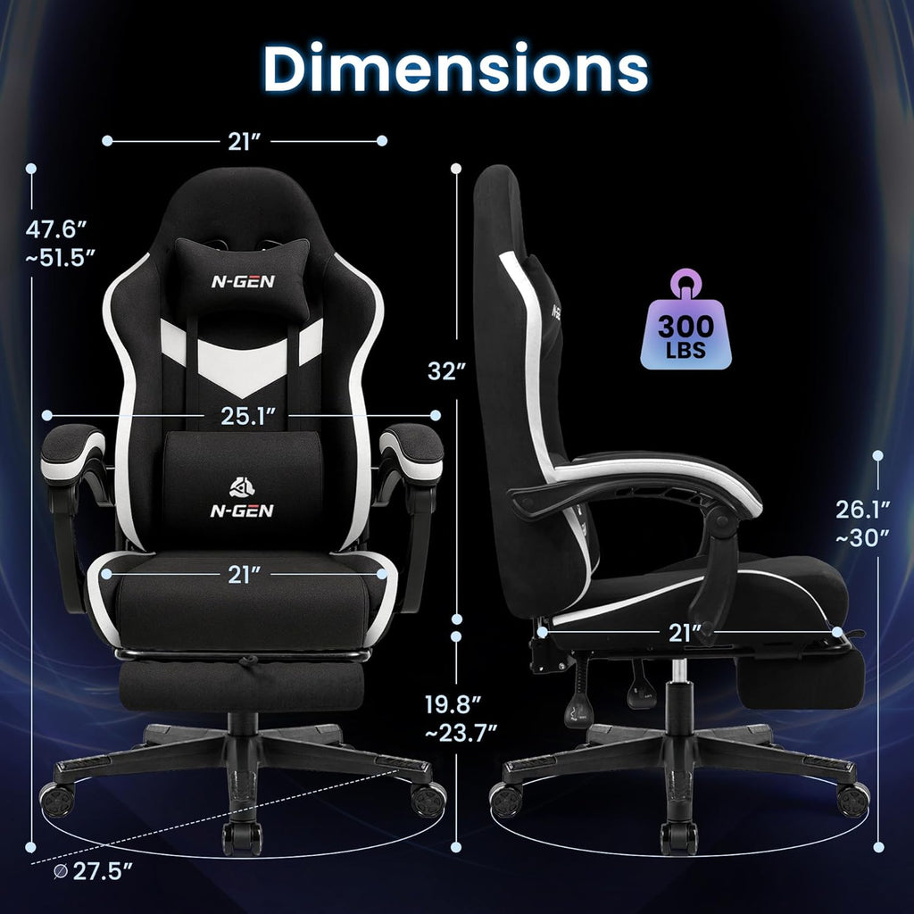 N-GEN GAMING Video Gaming Chair with Footrest Lumbar Support for Home Office High Back Recliner Height Adjustable Ergonomic Comfy Fabric Computer Desk Chair (Black)