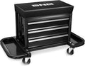 DNA Motoring 3-Drawer Mechanic Roller Seat, Rolling Creeper Garage/Shop Seat with Tool Trays, Rolling Tool Chest Stool with Tool Box, Padded Seat Cushion, 350lbs Capacity, Red, Black, TOOLS-00262