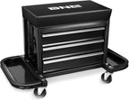 DNA Motoring 3-Drawer Mechanic Roller Seat, Rolling Creeper Garage/Shop Seat with Tool Trays, Rolling Tool Chest Stool with Tool Box, Padded Seat Cushion, 350lbs Capacity, Red, Black, TOOLS-00262