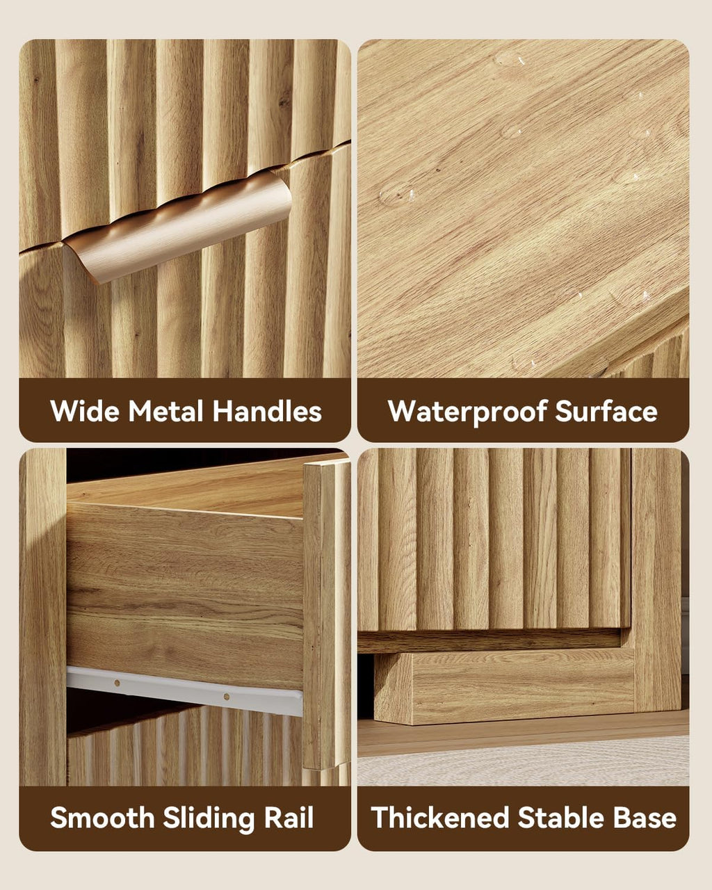 Fluted 6 Drawer Dresser for Bedroom, 54" Wide Chest of Drawers with Metal Handle, Modern Storage Dressers Organizer for Living Room, Hallway, Natural Oak
