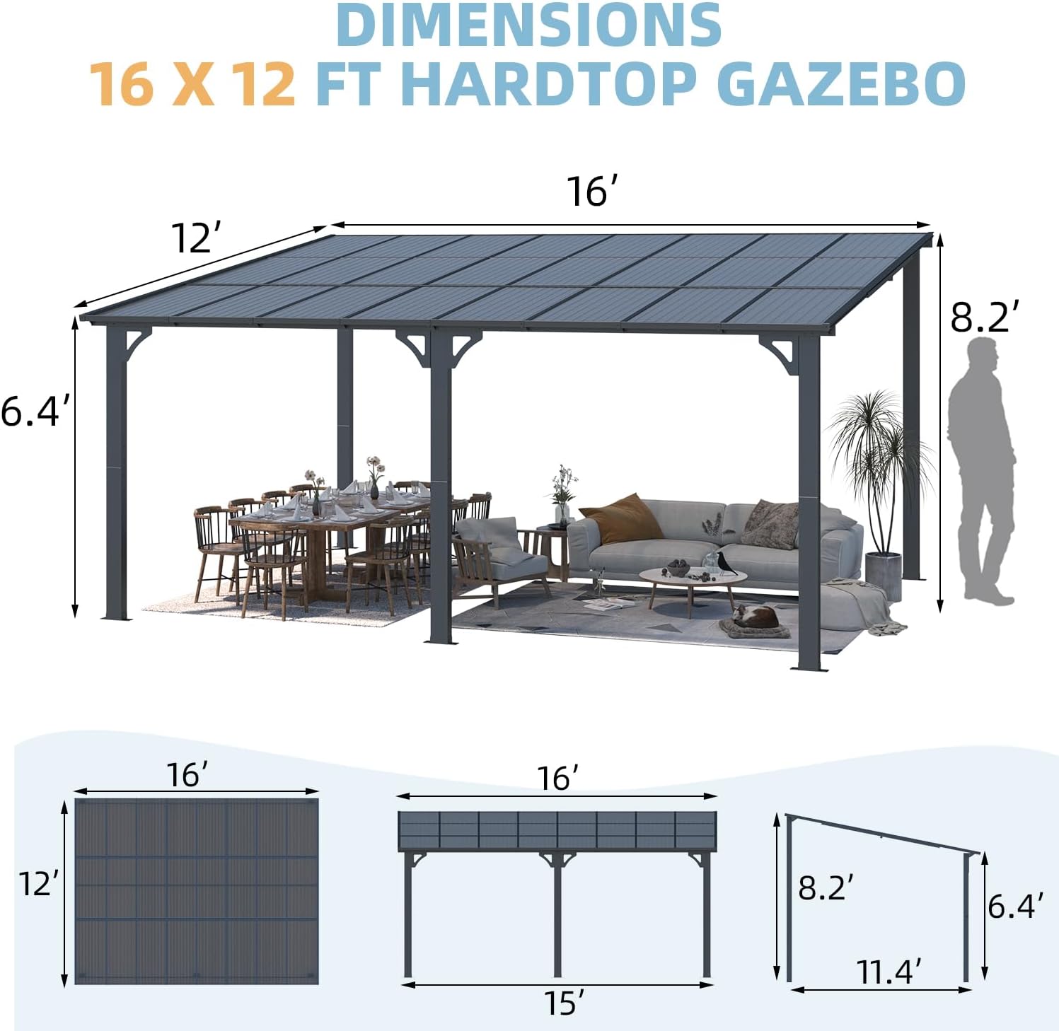 AECOJOY 16' x 12' Gazebo Outdoor Pergola for Patio  12x16 Large Wall-Mounted Hard Top Lean to Metal Gazebo Shelter Pergolas and Gazebos Clearance with Patio Roof  Heavy Duty Awnings for Decks