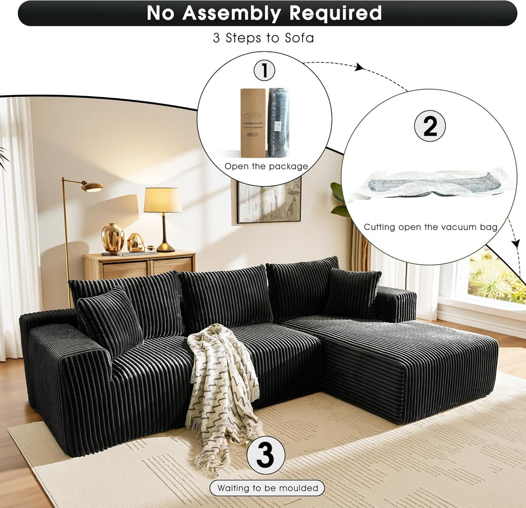 WorthFurni Cloud Modular Sofa Couch with L-Shape Chaise,Modern Sectional with Deep Seat, Upholstered Couches for Living Room Bedroom,No Assembly Required, Plush Corduroy Fabric 110.4"(Black)
