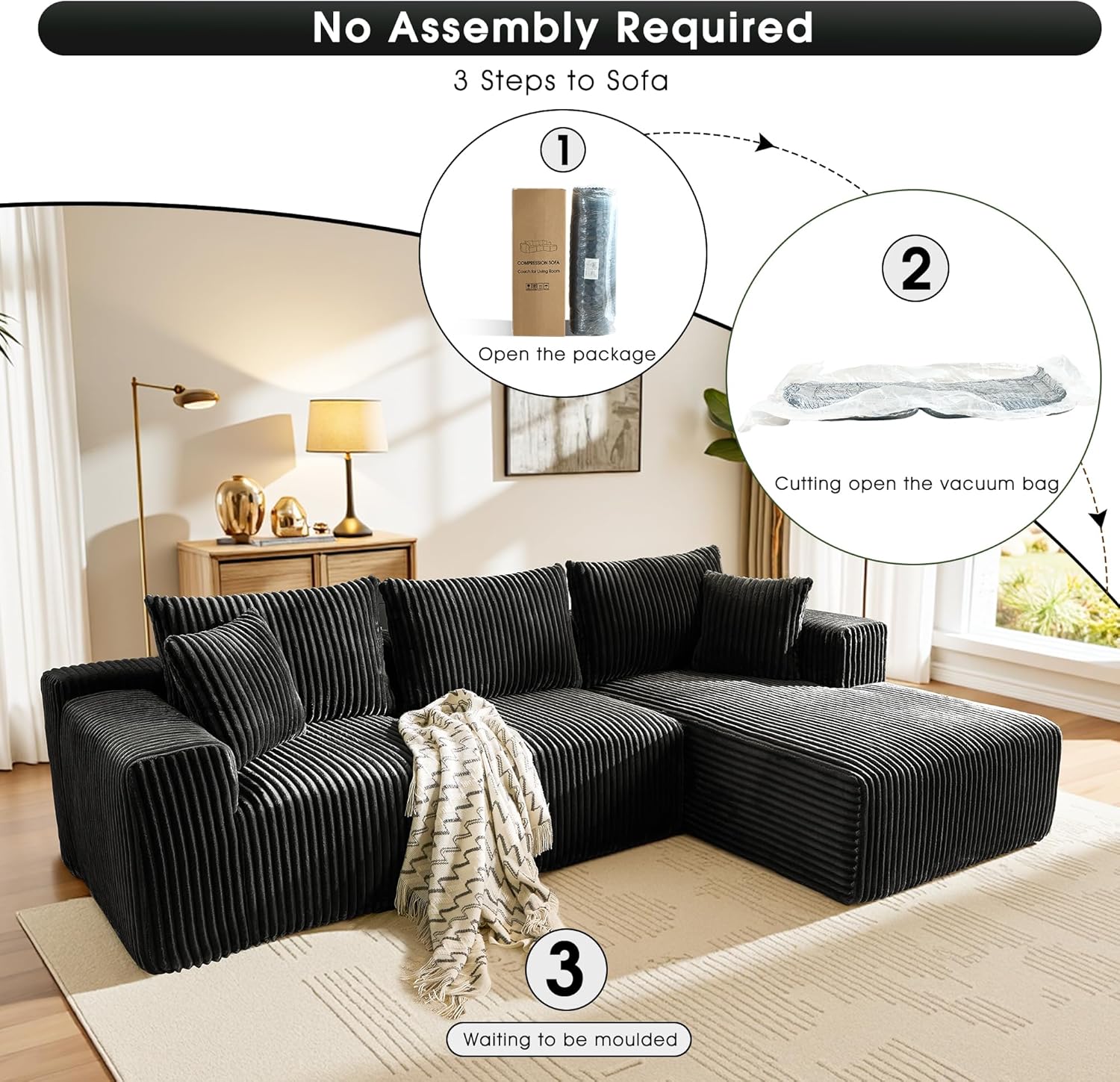 WorthFurni Cloud Modular Sofa Couch with L-Shape Chaise,Modern Sectional with Deep Seat, Upholstered Couches for Living Room Bedroom,No Assembly Required, Plush Corduroy Fabric 110.4"(Black)