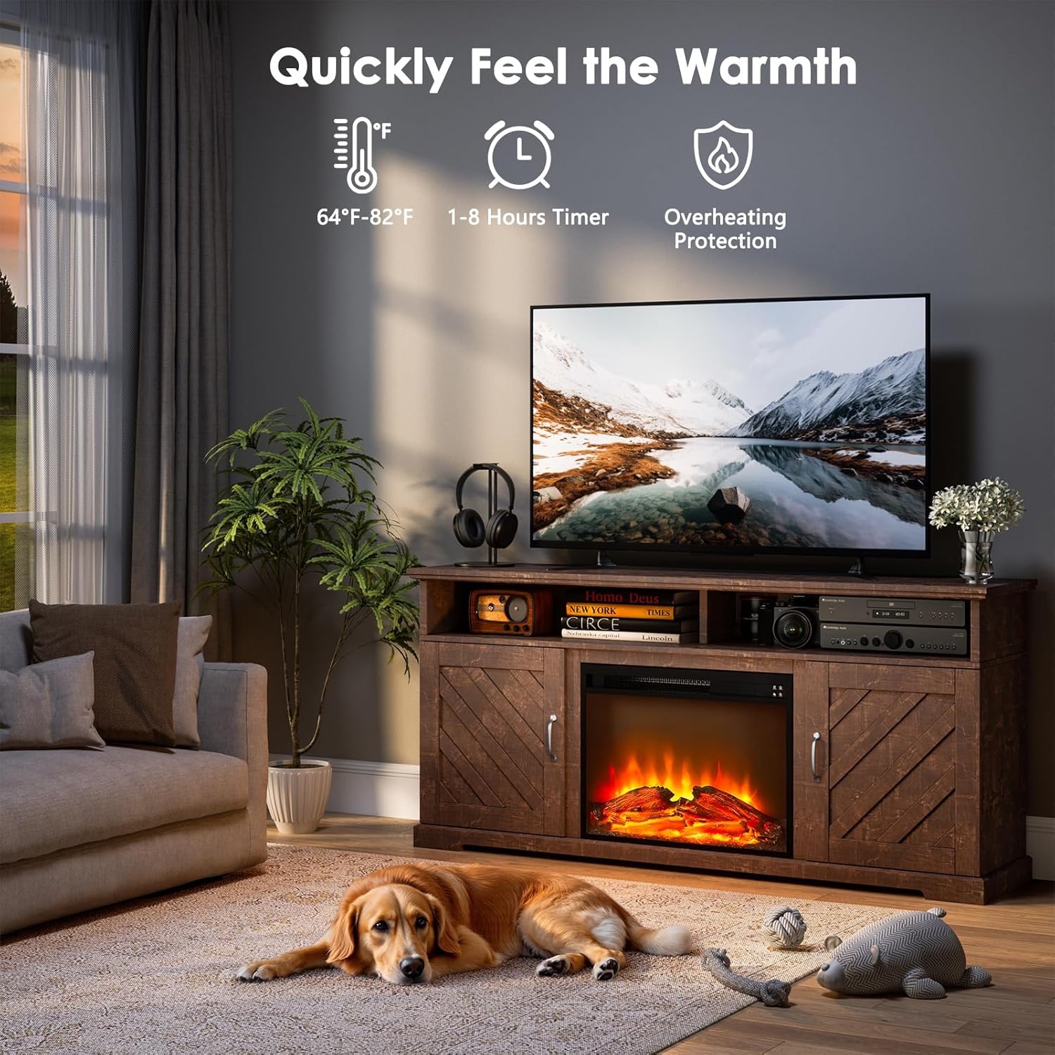 Marsail Fireplace TV Stand up to 70" TV with Storage, Farmhouse Entertainment Center with 23" Electric Fireplace, Adjustable Shelves, Remote Control & Cable Management, for Living Room, Brown