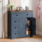 Vabches Farmhouse Storage Cabinet with 2 Doors and 4 Drawers, Freestanding Bathroom Storage Cabinet Kitchen Pantry, Floor Hutch Cupboard for Living Room/Bathroom/Kitchen,Blue