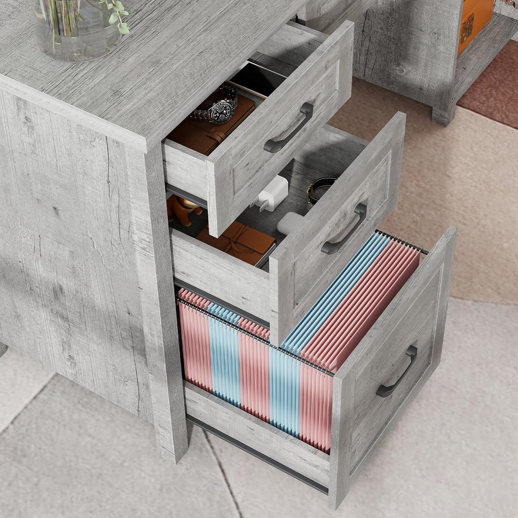 Vabches Farmhouse 61'' Executive Desk with 5 Drawers, Rustic Office Desk Computer Desk with Charging Station, File Drawers and Storage Cabinet, Wood Workstation for Home Office and Study,Grey.