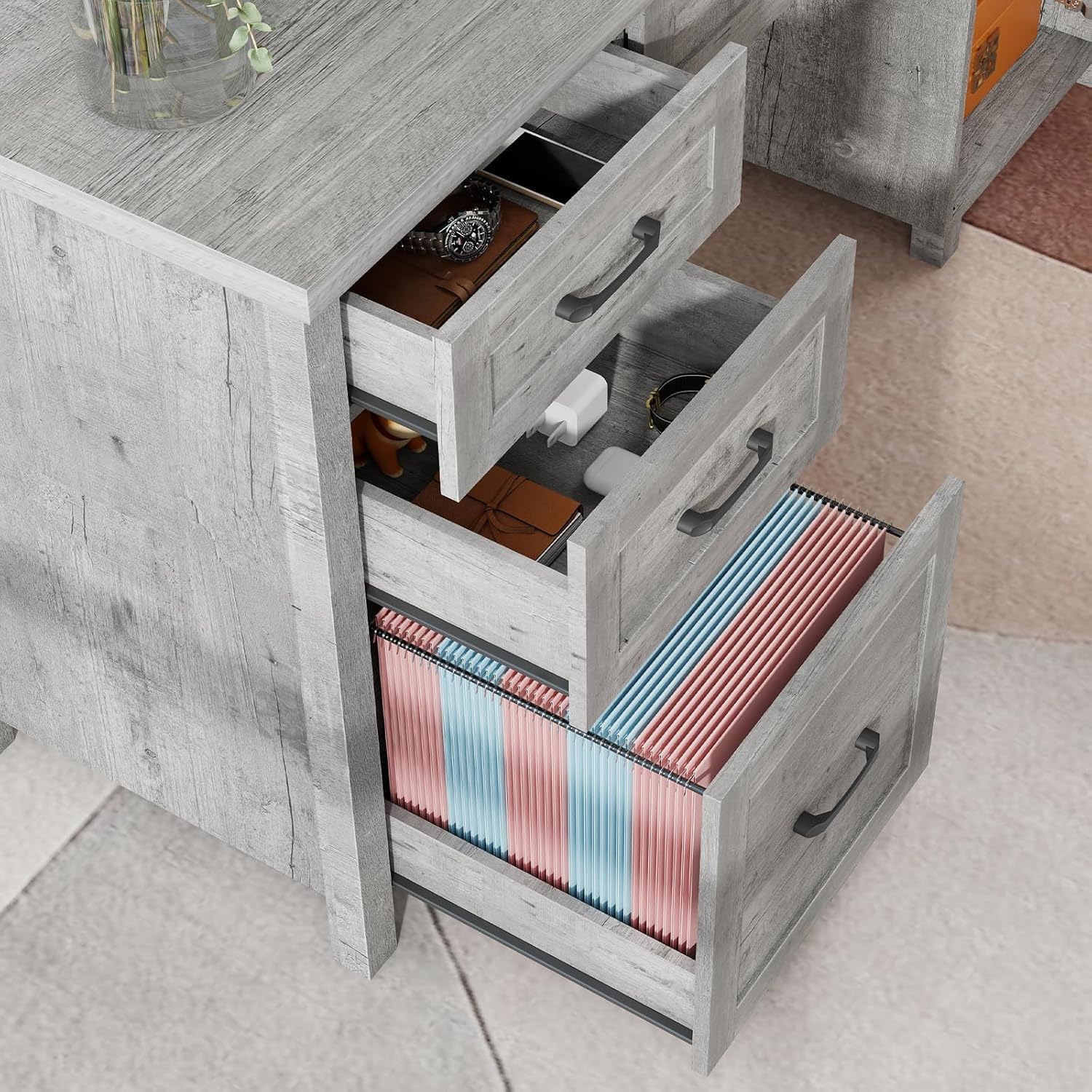 Vabches Farmhouse 61'' Executive Desk with 5 Drawers, Rustic Office Desk Computer Desk with Charging Station, File Drawers and Storage Cabinet, Wood Workstation for Home Office and Study,Grey.