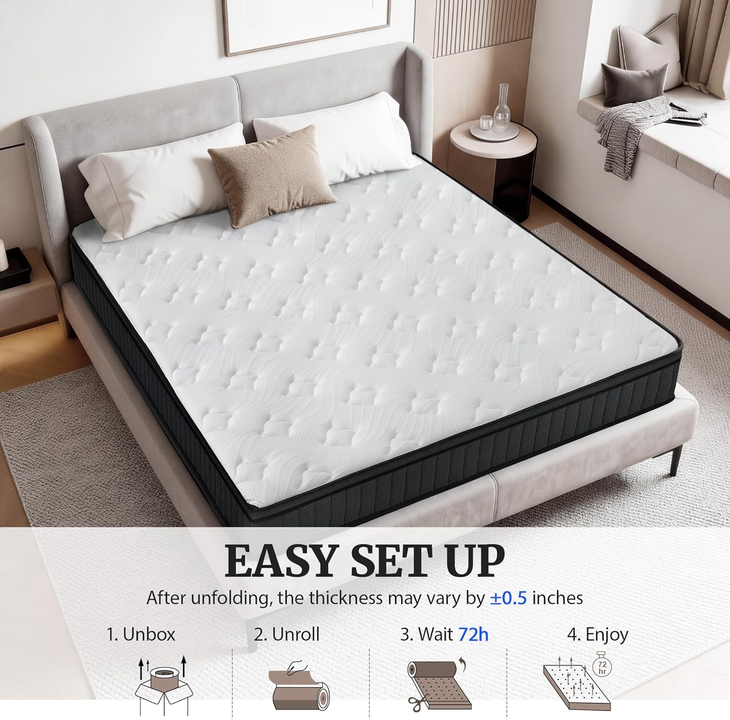 Sunny Heart 14 Inch Queen Size Mattress, Hybrid Memory Foam Mattress in a Box, Pocket Springs for Pressure Relief and Comfy Support, Motion Isolation, Medium Firm Feel, CertiPUR-US Certified（White）