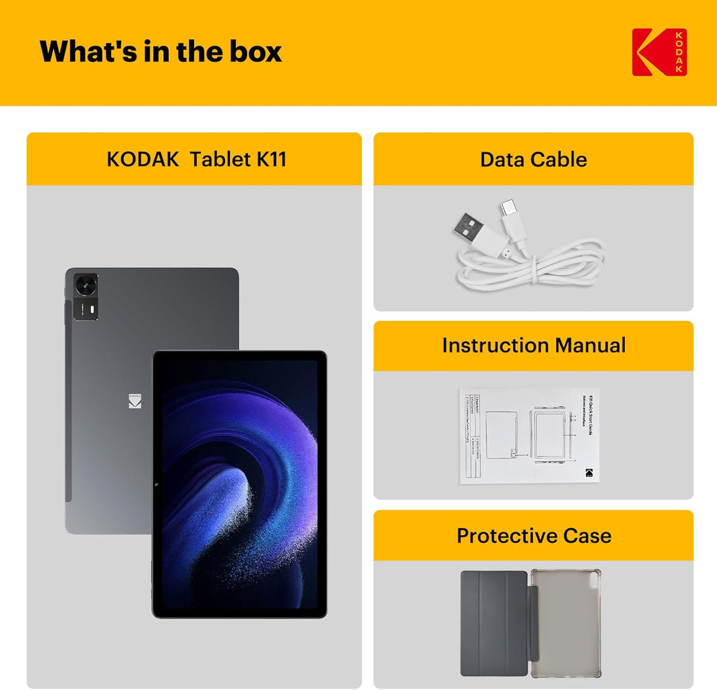 KODAK K11 Android 15 Tablet, 10.95 Inch FHD G+G Touchscreen, 12GB RAM 128GB Storage (1TB Expandable), 8000mAh Long Battery, Quad Speakers, 16MP Camera, Dual WiFi, GPS, for Work Entertainment Gaming