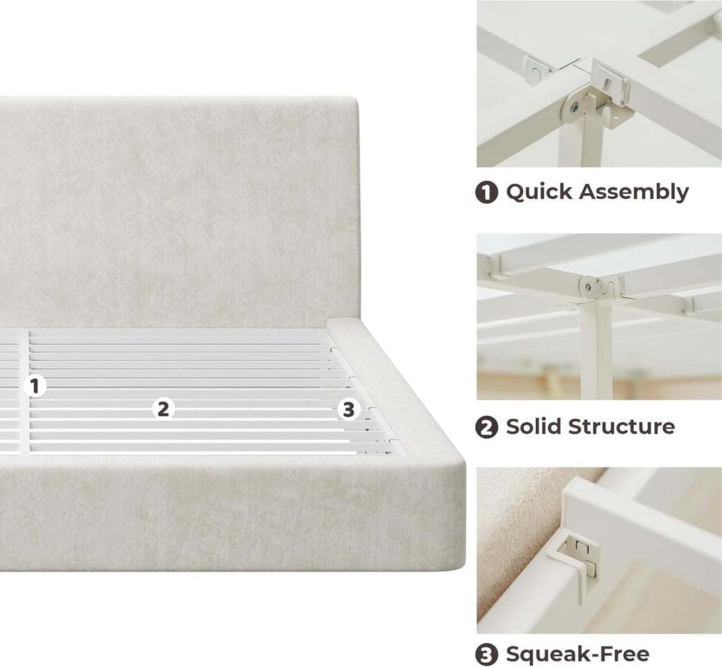 RECCI Cloud King Size Bed Frame with Ergonomic Angled Foam Cushioned Headboard, Minimalist Design Platform Bed Frame, No Box Spring Needed, Easy Assembly (Beige)