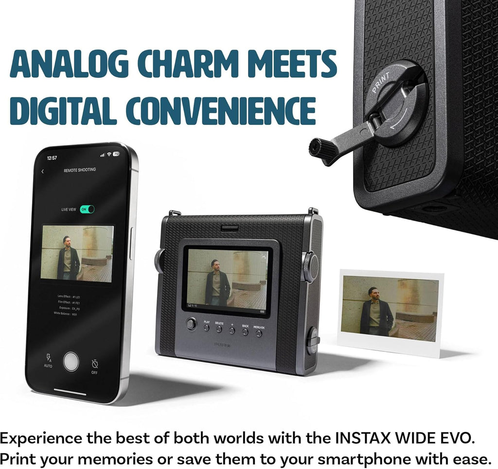 Fujifilm Instax Wide Evo Hybrid Instant Film Camera Bundle with Compatible Carrying Case + 32GB Memory Card + Cleaning Cloth + More
