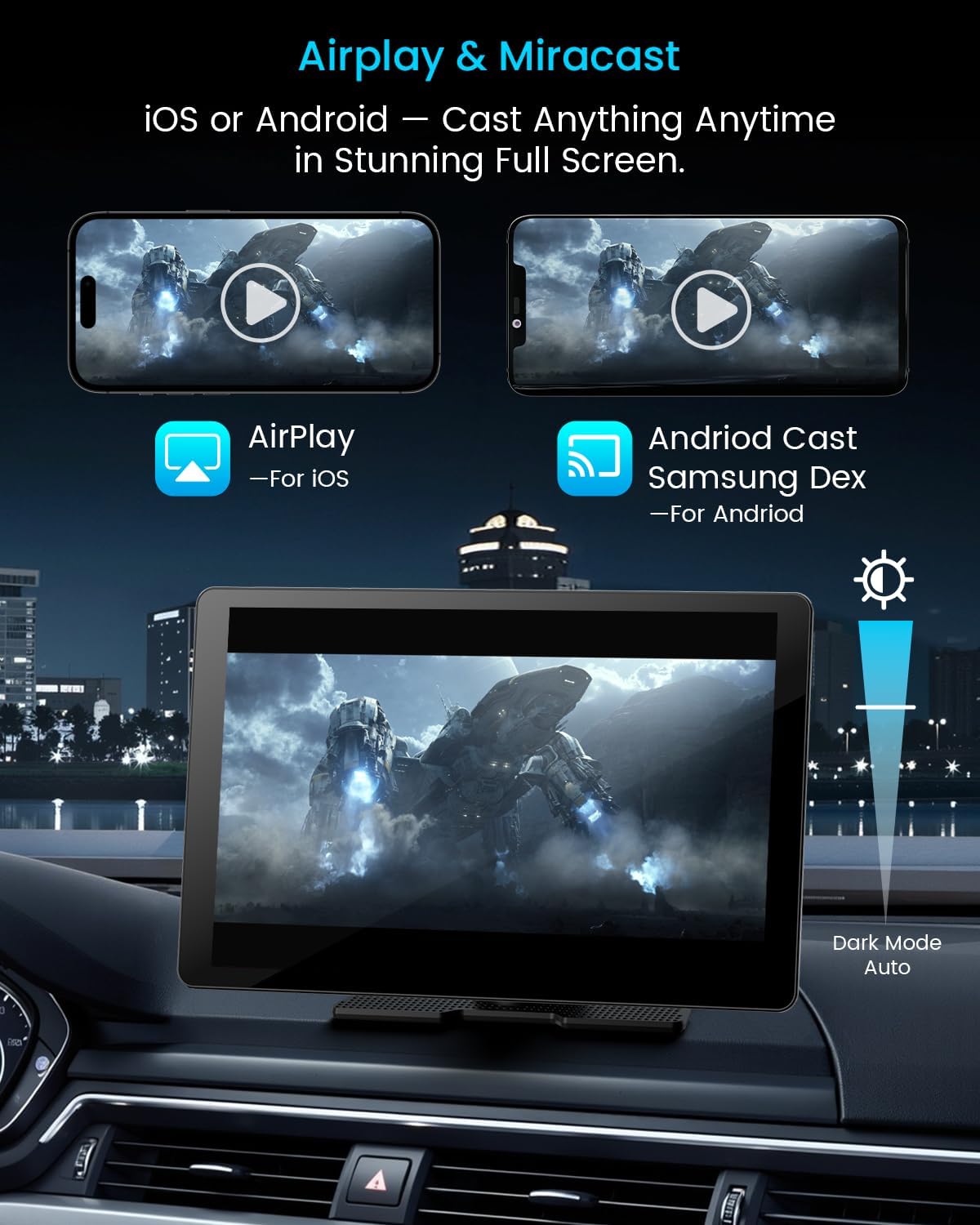 11" Extra Large Wireless Apple CarPlay Screen for Car – Ultra-Slim 0.16 Inch Touchscreen Car Stereo with Android Auto  4K Dash Cam  1080p Backup Camera  GPS  Mirror Link  Voice Control