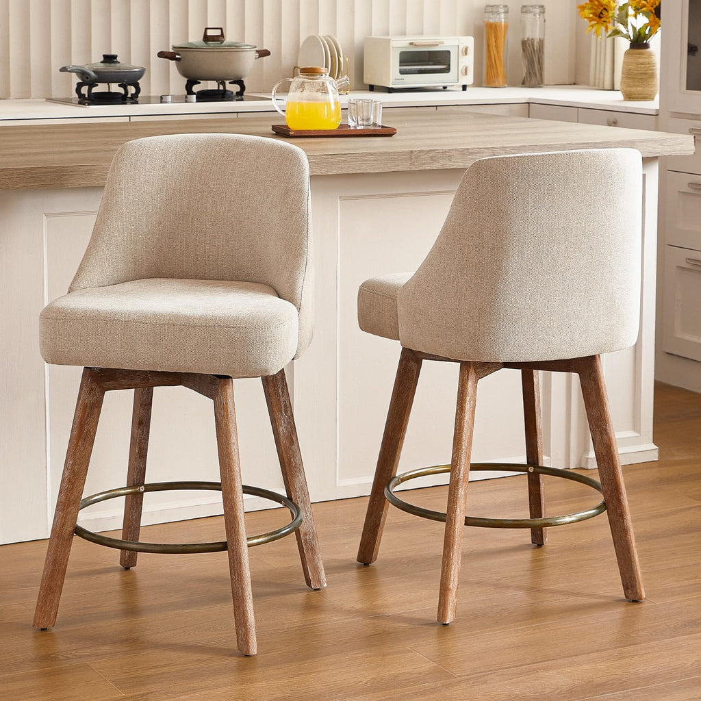 Counter Height Bar Stools,Sand-Colored Linen Comfort Fabric Bar Stool Set of 2,360° Swivel Counter Height Stools Solid Wood Legs,27'' Barstools with Contoured Backrest